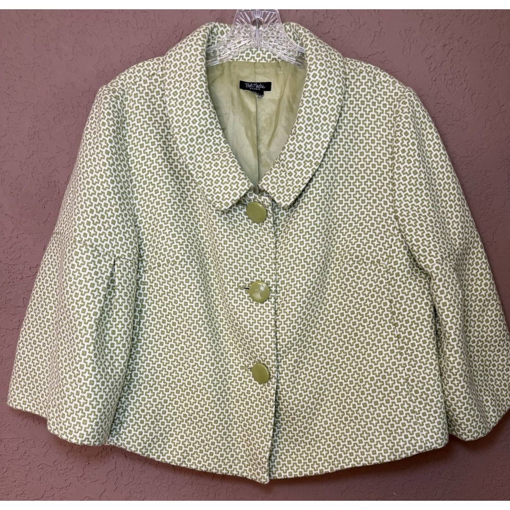 Bob Mackie Womens Blazer 8 Green Patterned 3/4 Bell‎ Sleeve Lined Short Button